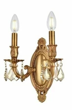 FRENCH GOLD FOYER LIVING DINING ROOM GOLDEN TEAK CRYSTAL WALL SCONCE 2 LIGHT 11"