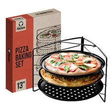 Chef Pomodoro Pizza Baking Set with 3 Pizza Pans & Pizza Rack 13-Inch Non-sti...