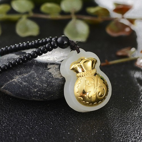 Pure 999 24K Yellow Gold Leaf Natural Jade Women Lucky Bless Fu 福 Bag ...