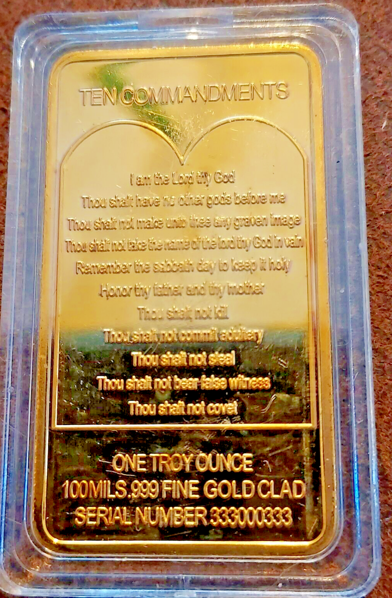 Ten Commandments Jesus on the cross 1 oz Gold Clad Bar 100 Mills