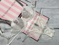 Victoria's Secret Shine Strap Bra Bikini Set Bridal Lace Blink Cheeky White