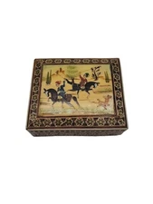 Persian Khatam Marquetry Hand Painted Hunting Scene Wood Trinket Jewelry Box