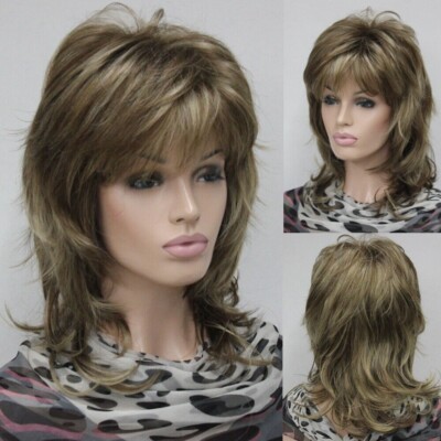  Light Brown Mix Blonde Highlights Layered Medium Length Synthetic Women' Wig