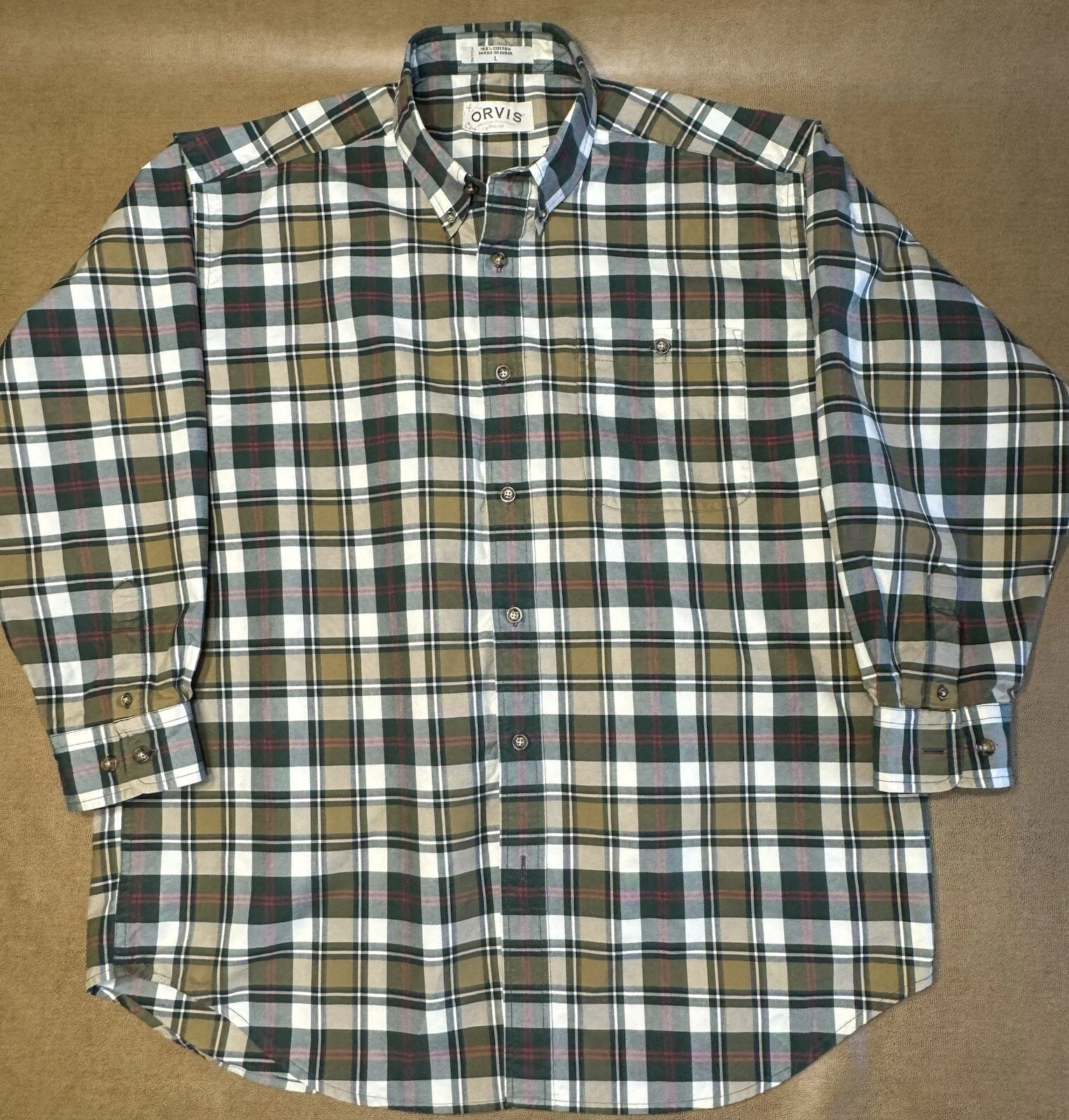 Orvis Shirt Mens Large Button Down Green/tan Plaid Long Sleeve Classic Outdoor