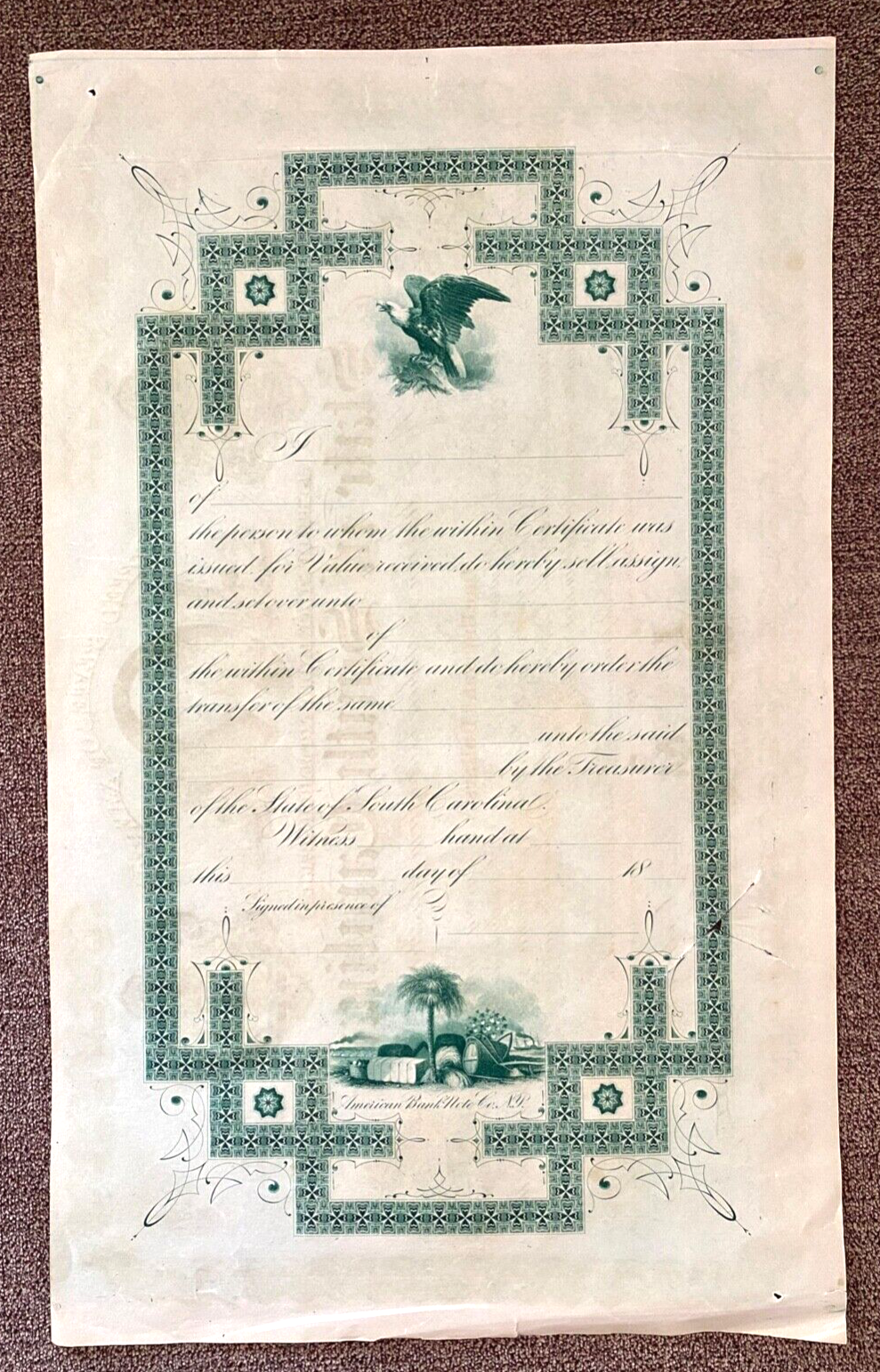 1869 STATE OF SOUTH CAROLINA 1000 STOCK CERTIFICATE UNISSUED ANTIQUE SC HISTORY eBay