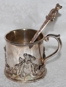 Lenox Smithsonian Child's Silverplated Cup, Spoon, and Caddy w/Teddy Bear Design