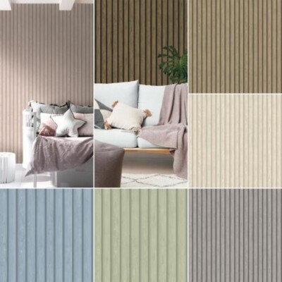 Wood Slat Wallpaper Wooden Panels 3D Effect Holden - Natural Grey Oak Pink Blue