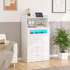 Dresser with LED Light Charging Station 4 Storage Drawers Organizer Cabinet