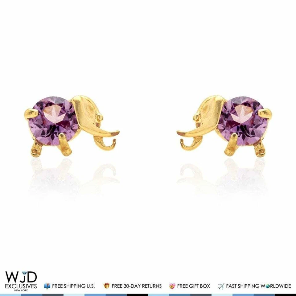 Aretes redondos de oro amarillo de 14 quilates elefante de alejandrita bebé atornillado trasero Foto 3 de 4