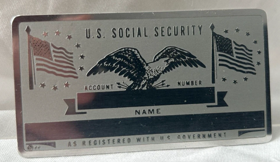 PERMA PRODUCTS American U.S. Flag Eagle Social Security Metal Silvertone Plate Blank Card