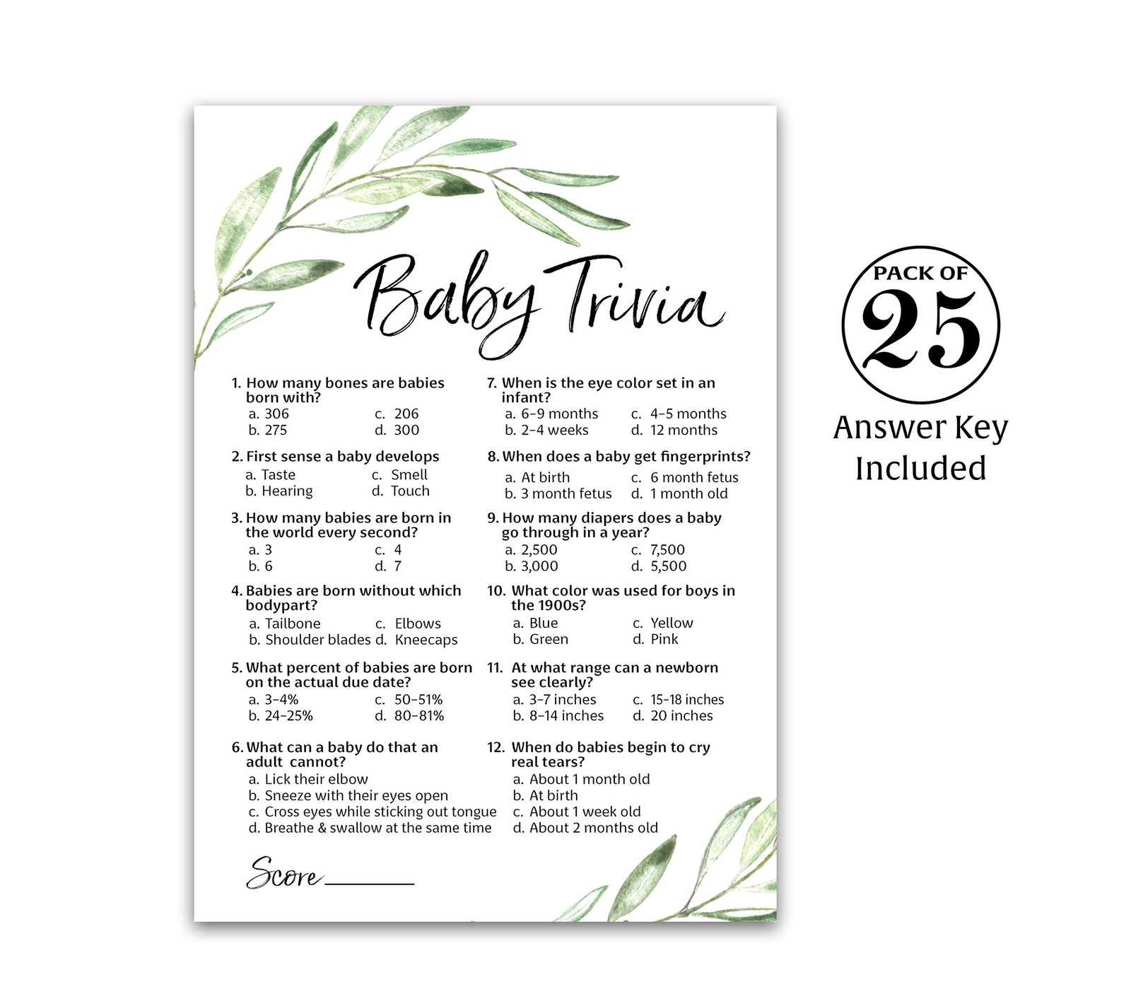 GREENERY Baby Shower Game BABY TRIVIA Games Pack Of 25 Fun Baby greenery-baby-shower-game-baby-trivia-games-pack-of-25-fun-baby