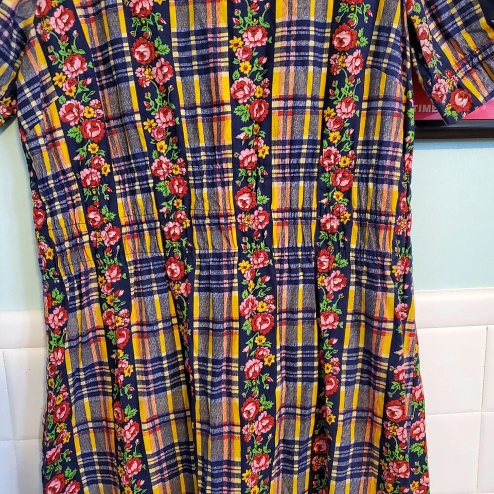 Maxi Vestido Vintage Años 90 Hecho a Mano a Cuadros Floral Patrón Rosa Azul Amarillo Rojo Verde Foto 4 de 4