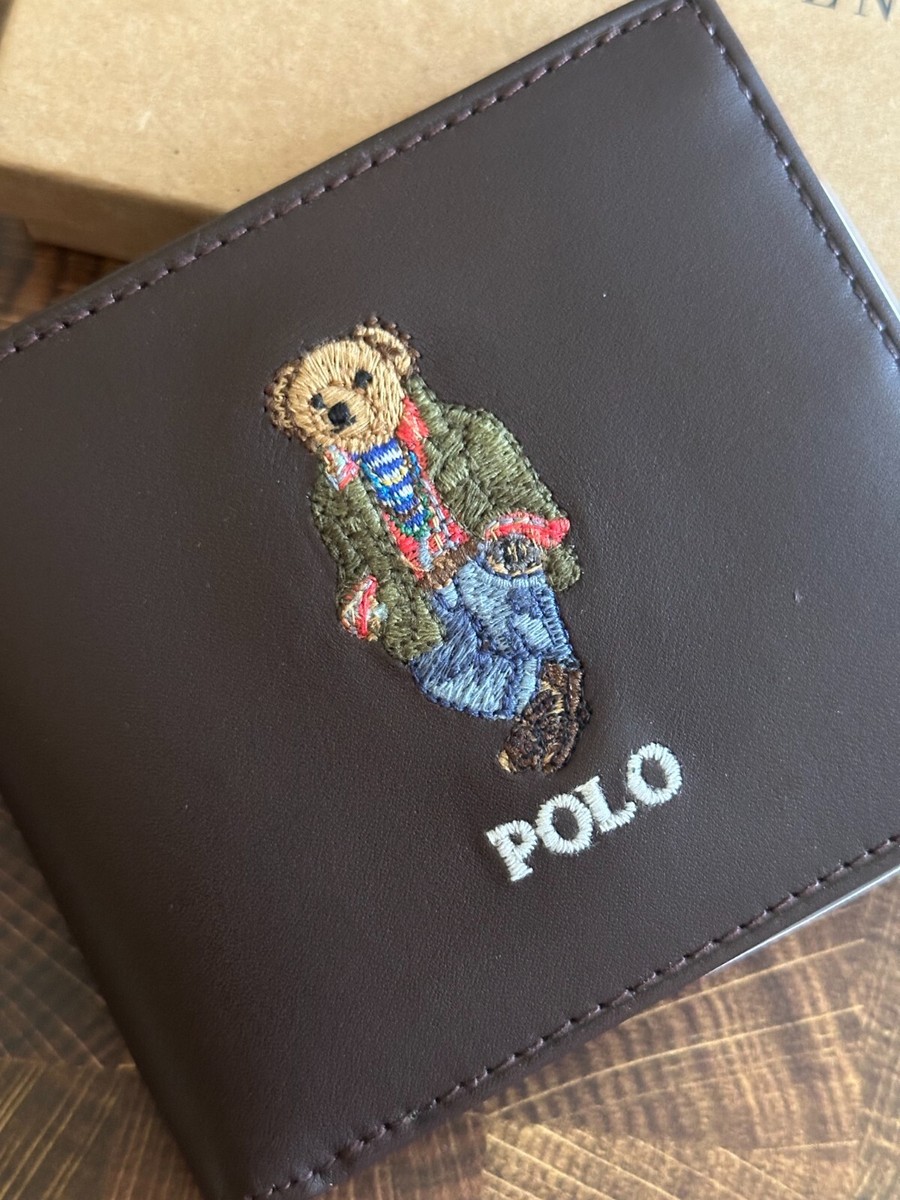 NIB POLO RALPH LAUREN Men's Polo Bear Leather Card Case Brown