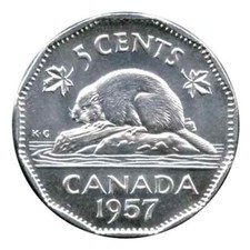 1957 CANADA 5 CENTS BRILLIANT UNCIRCULATED NICKEL COIN