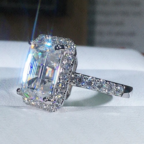 4.2Ctw Emerald Cut Moissanite Classic Halo Engagement Ring 14K White Gold Plated - Picture 4 of 17