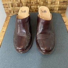 Sofft London Women's Brown Tooled Leather Mules Clogs Shoes 7.5 M