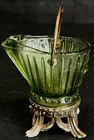 Vintage Federal Glass Ash Tray Miniature Coal Bucket on Ornate Metal Footed Base