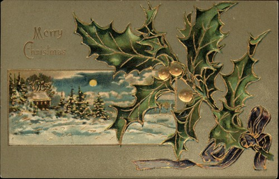 #ad #ad CHRISTMAS holly snow moon embossed 1910 to Elizabeth Clarke Watertown NY $3.94