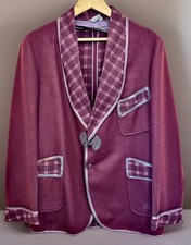 Vintage 70s Cornish Burgundy Smoking Jacket Plaid Trim Shawl 38R