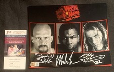 STONE COLD STEVE AUSTIN, MIKE TYSON & SHAWN MICHAELS Signed 8x10 w/JSA COA