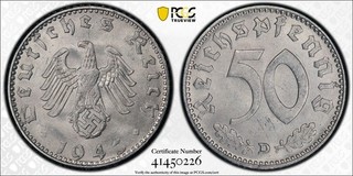1943 D Germany 50 Pfennig PCGS MS65