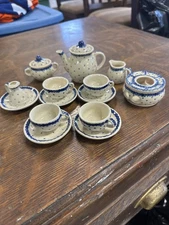 Vintage WIZA 15 Piece Miniature Doll House Child's Tea Set Polish Pottery Blue