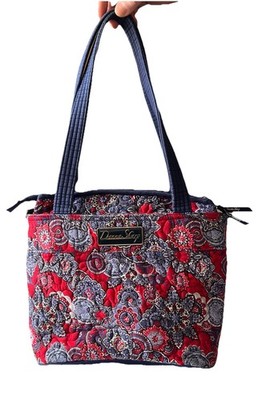 Donna Sharp Quilted Tote Shoulder Handbag Red Navy Floral Geometric Pattern