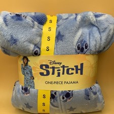 New In Package Disney Women  s Stitch One-piece Pajama Blue Small With Hood