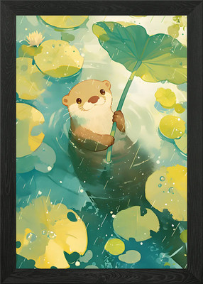 Otter in the Rain with Lilypad Framed Wall Art Poster Canvas Print Picture