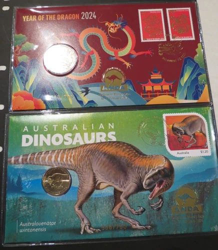 2 X 2024 ANDA MELBOURNE MONEY DRAGON DINOSAURS $1 PNC COIN & STAMP AUSTRALIA