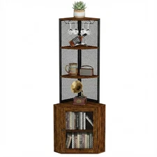 65" 6 Tier Bookshelf  Corner Shelf with Drawers & Wine Glass Rack, Freestanding
