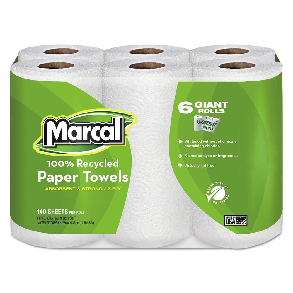 Marcal 6181PK 11" x 5.5" 2-Ply Recycled Kitchen Roll Towels - WT (6 RL/PK) New