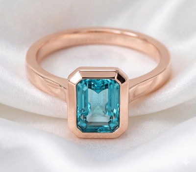 Emerald Cut Blue Topaz Bezel Ring, Minimalist Sterling Silver Statement Ring