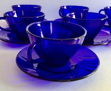 Vintage Bormioii Rocco France Cobalt Blue Glass Coffee Cup & Saucer Set of 7
