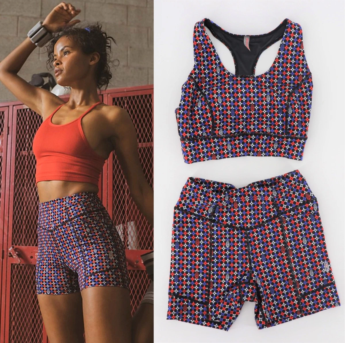 Free People Movement Odessa Bike Shorts + Printed Sports Bra 2 Piece Set XS