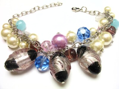 PURPLE FANCY MURANO GLASS FAUX PEARLS FANCY CHARM BRACELET BR_SAS 128224