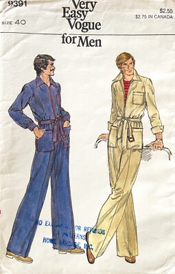 1970's VOGUE Men's Jumpsuit Pattern 9391 Size 40 UNCUT - Main Image