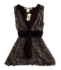 Max Studio Blouse Womens M Brown & Cream Empire Waist Ruffle Scarf Neckline NWT