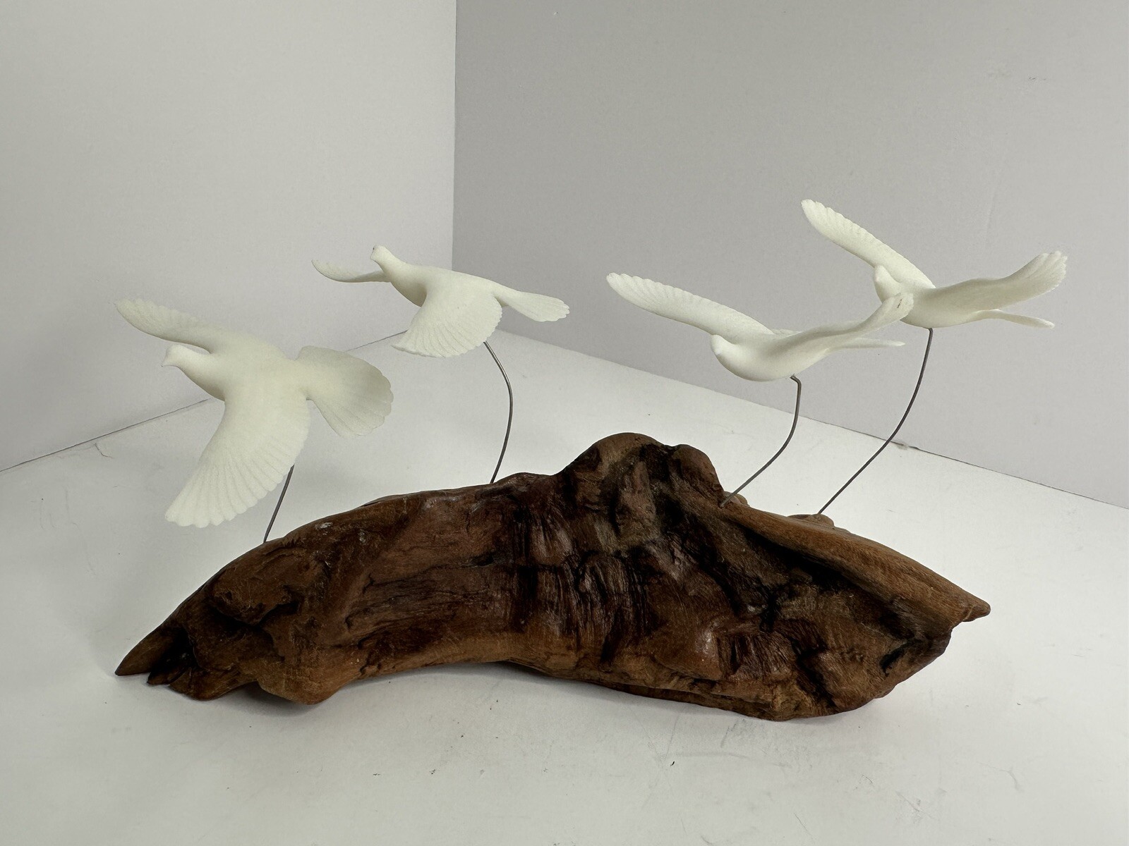 Vintage MCM John Perry White Bird Art Sculpture on Burl Wood Base ~ 8 1/2” Long