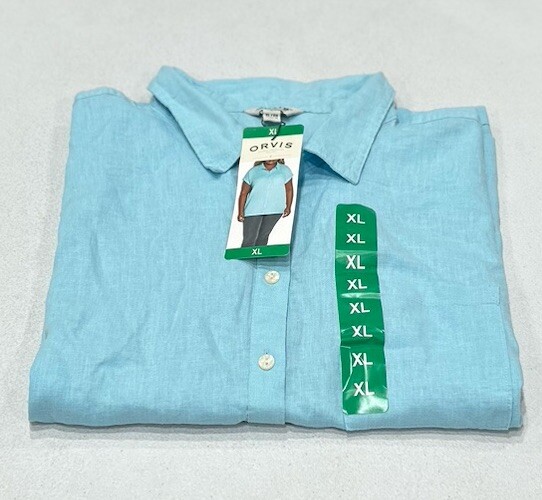 Orvis Women's Button-Up Short Sleeves Chest Pocket Blouse, Blue, Size XL