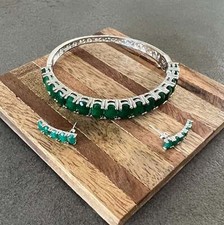 Simulated Emerald Jewelry Set Silver Plated Set of Emerald Bracelet and Earrings