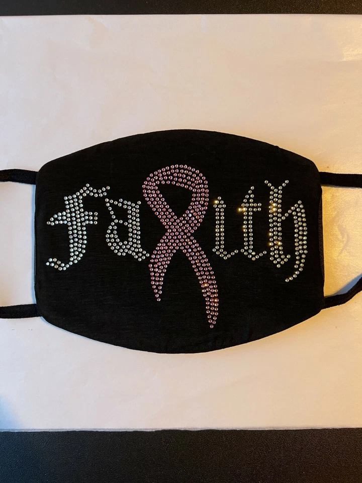 Breast Cancer Awareness Pink Ribbon Bling Face Mask Rhinestone Foto 2 de 4