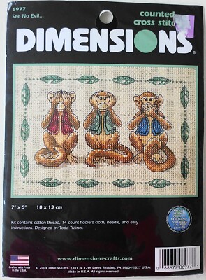 Dimensions See No Evil Monkeys 7'' X 5'' Stamped Cross Stitch Kit Sealed