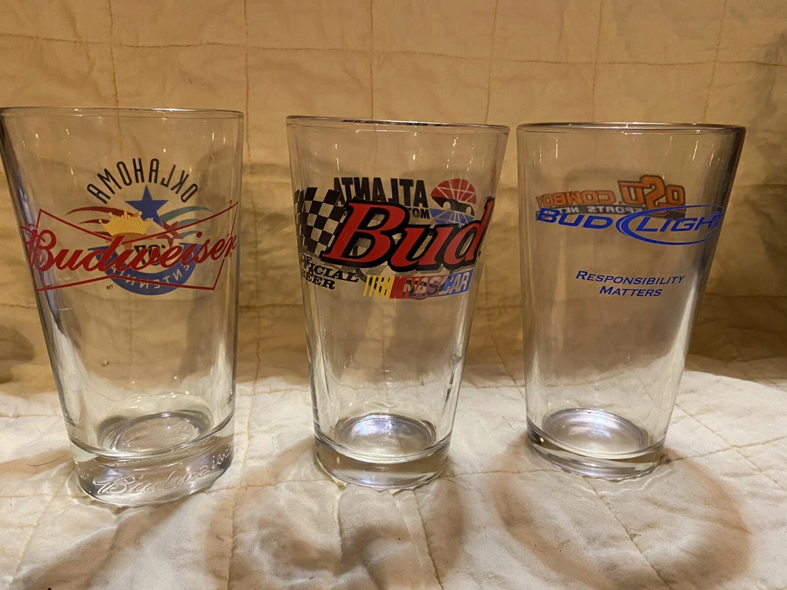 Lot of 2 Bud Budweiser And 1 Bud Light Beer Pint Glasses Atlanta Oklahoma OSU