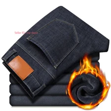 Mens Winter Thermal Jeans Fleece Lined Denim Pant Thick Stretch Straight Trouser