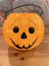 Vintage Halloween Pumpkin Pail Trick or Treat Bucket Jack-o-lantern 8" Orange