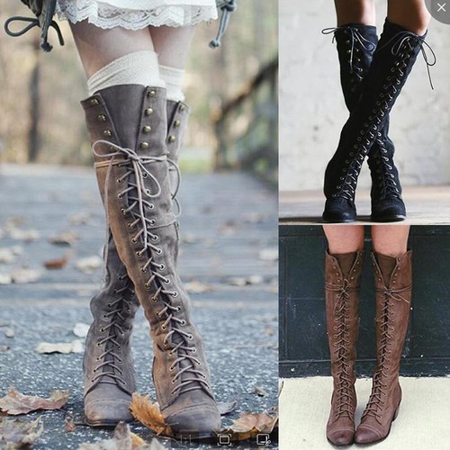 Hot Women Lace Up Knee High Rivet Long 