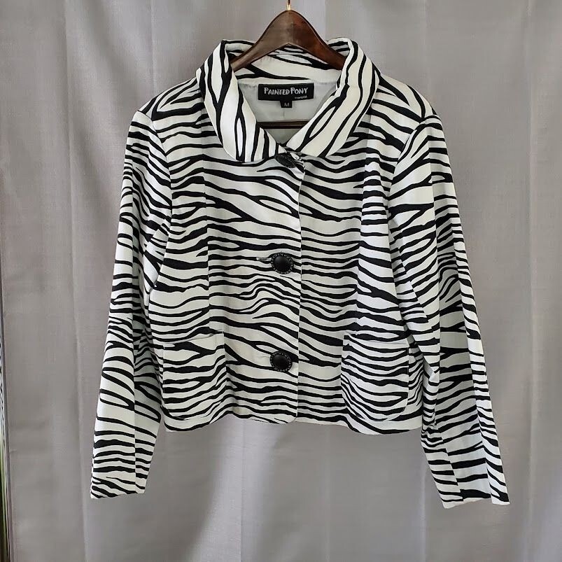 Giacca vintage ritagliata stampa zebrata pony dipinta M misto cotone spandex fodera po