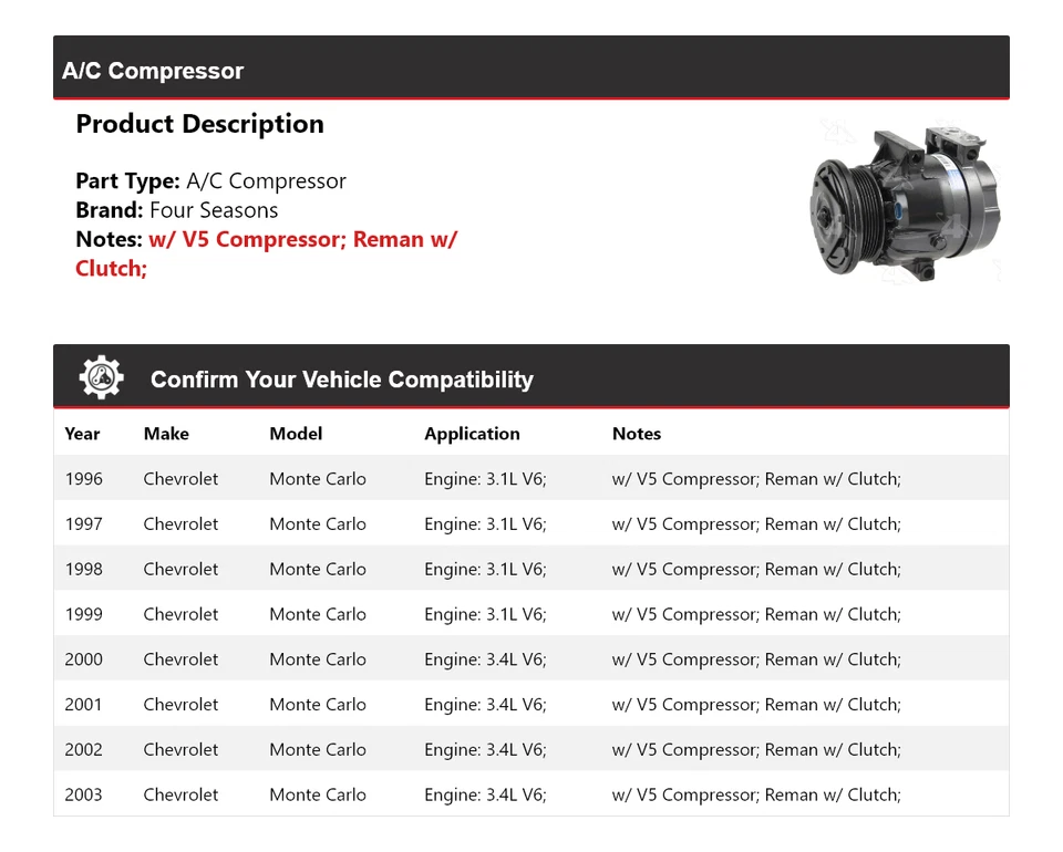 Compresor de aire acondicionado Chevrolet Monte Carlo 1996-2003 4 estaciones 1997 1998 1999 2000 Foto 2 de 4