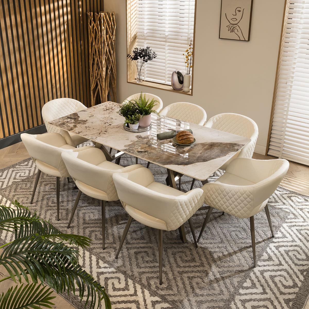 Seat White Ceramic Marble Dining Table And Chairs Set Leather